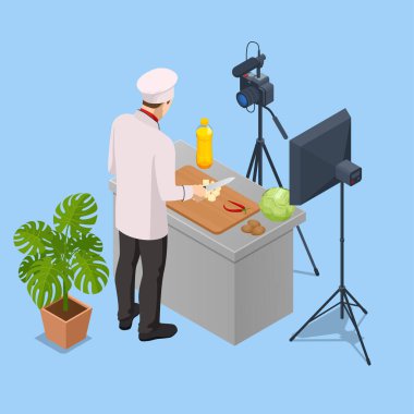 Isometric Chef Kitchen 'da kamera önünde video kaydediyor. Beyaz Üniformalı Blogcu Şefi, Yemek Blogcusu ya da Yemek Video Blog Konsepti. Çevrimiçi Aşçılık Kursları.