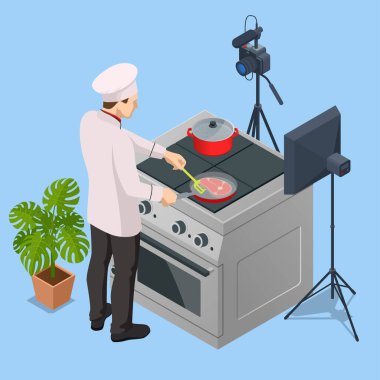 Isometric Chef Kitchen 'da kamera önünde video kaydediyor. Beyaz Üniformalı Blogcu Şefi, Yemek Blogcusu ya da Yemek Video Blog Konsepti. Çevrimiçi Aşçılık Kursları.