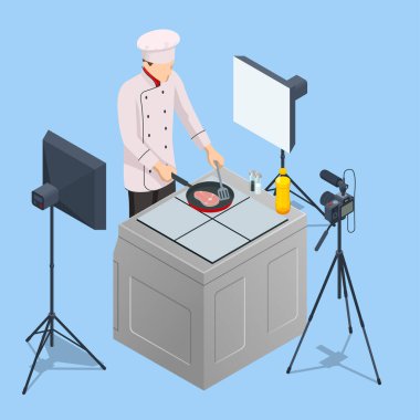 Isometric Chef Kitchen 'da kamera önünde video kaydediyor. Beyaz Üniformalı Blogcu Şefi, Yemek Blogcusu ya da Yemek Video Blog Konsepti. Çevrimiçi Aşçılık Kursları.
