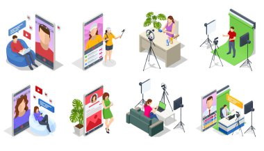 Ev stüdyosundaki kadın ya da erkek için video blogu kaydeden Isometric Ekranı. Nüfuzlu vlogcu. Video kanalı devrede. Çevrimiçi eğitim.