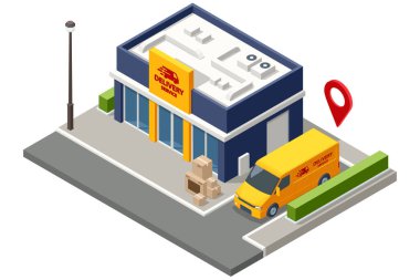 Isometric Lojistik ve Teslimat Bilgileri. Eve ve ofise teslimat. Şehir lojistiği. Çevrimiçi Ekspres, Ücretsiz, Hızlı Teslimat, Sevkiyat İnternet Sitesi Afişi. Harita arkaplanlı servis uygulaması
