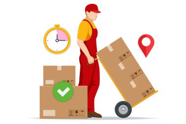 Teslimat servisi ve ulaşım lojistiği ile dolu el arabasını itmekle meşgul.