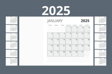 2025 için takvim planlayıcısı. Vector Kırtasiye Yazdırma 2025 Şablonu Fotoğraf, Logonuz ve Metinleriniz İçin Yer. Takvim tasarımı 2025.