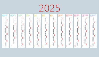 Takvim dikey, planlayıcı, tarih, takvim, 2025 için planlayıcı. Vector Kırtasiye Yazdırma 2025 Şablonu Fotoğraf, Logonuz ve Metinleriniz İçin Yer. takvim tasarımı 2025.