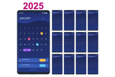 2025 için takvim planlayıcısı. Vector Kırtasiye Yazdırma 2025 Şablonu Fotoğraf, Logonuz ve Metinleriniz İçin Yer. Takvim akıllı telefon tasarımı 2025.