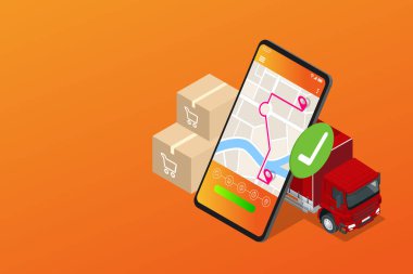 Isometric Lojistik ve Teslimat, eve ücretsiz sevkiyat. Şehir lojistiği. Kamyon, kurye, dron ve teslimatçı. Akıllı telefon çevrimiçi alışveriş uygulaması