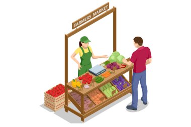 Isometric Sebze Satışı. Çiftçi taze sebze satıyor. Doğal taze ürünler. Satıcılar ve pazarlama konsepti. Çiftçi pazarı.