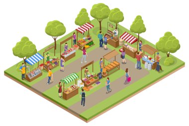 Isometric Farmers bir çiftçi pazarında ekolojik meyve ve sebze seçimi satıyor. Sebzeler, güzel yemekler. Satıcılar ve pazarlama.