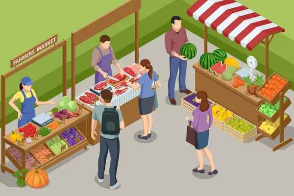 Isometric Farmers bir çiftçi pazarında ekolojik meyve ve sebze seçimi satıyor. Sebzeler, güzel yemekler. Satıcılar ve pazarlama.