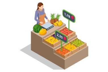 Isometric Fruts İndirimi. Çiftçi taze Fruts satıyor. Doğal taze ürünler. Satıcılar ve pazarlama konsepti. Çiftçi pazarı. Pazarda satılık taze meyve..