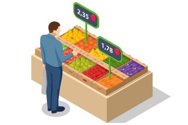 Isometric Fruts İndirimi. Çiftçi taze Fruts satıyor. Doğal taze ürünler. Satıcılar ve pazarlama konsepti. Çiftçi pazarı. Pazarda satılık taze meyve..