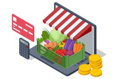 İnternetten sebze ve meyve satışı. Isometric Farmer taze patates ve sebze satıyor. Doğal taze ürünler. Satıcılar ve pazarlama konsepti. Çiftçi pazarı