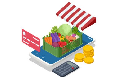 İnternetten sebze ve meyve satışı. Isometric Farmer taze patates ve sebze satıyor. Doğal taze ürünler. Satıcılar ve pazarlama konsepti. Çiftçi pazarı