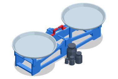 Isometric denge ölçeği. Çift Tava ile denge ölçeklendir. Bir kase dolusu terazi. Ağırlık ayarlama pankartı. Satıcılar ve pazarlama.