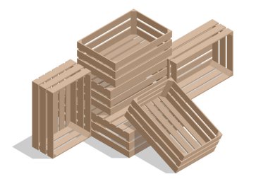 Beyaz arka planda Isometric Tahta Sandık. Sebze ve meyve için ahşap kutu..