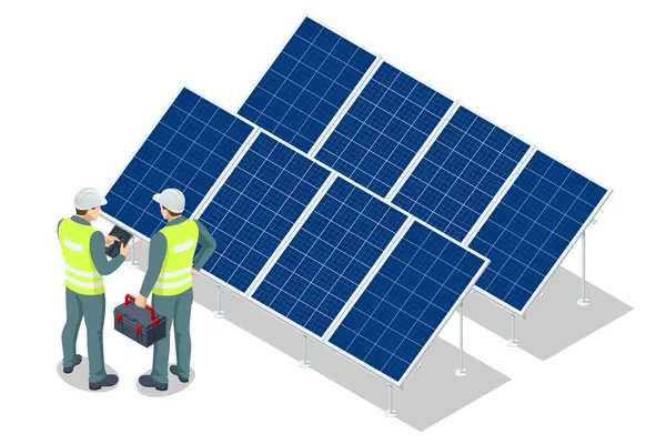 stock vector Isometric Solar energy, Photovoltaic panels, PV system, Photovoltaics, Solar modules, Solar field technician is examining the efficiency of a solar panel array