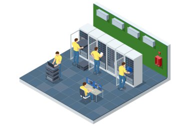 Isometric Network bilgisayar teknolojileri. Dijital uzay. Veri deposu. Veri merkezi veri depolama ve işleme sağlar, büyük veri analizi ve makine öğrenimi için yüksek performans sunar.