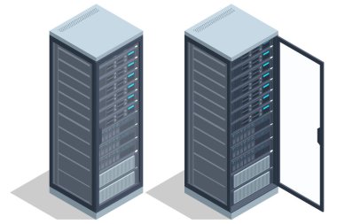 Isometric Network bilgisayar teknolojileri. Dijital uzay. Veri deposu. Veri merkezi veri depolama ve işleme sağlar, büyük veri analizi ve makine öğrenimi için yüksek performans sunar.