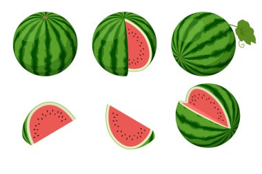 Isometric bütün ve yarım karpuz beyaz arka planda izole. Yaz tatlı tatlı tatlı.