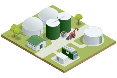 Isometric Modern biyogaz fabrikası Biogas, anaerobik bir çevrede mikroorganizmalar tarafından üretilen çevre dostu, temiz ve ucuz bir yanıcı gazdır..
