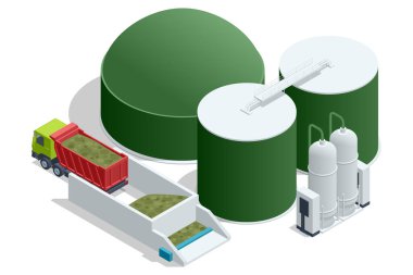 Isometric Modern biyogaz fabrikası Biogas, anaerobik bir çevrede mikroorganizmalar tarafından üretilen çevre dostu, temiz ve ucuz bir yanıcı gazdır..