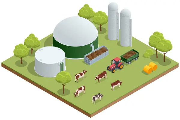 stock vector Isometric Modern biogas plant Biogas is an environmentally friendly, cleanand cheap combustible gas produced from livestock manure and agricultural waste by microorganisms in an anaerobic environment.