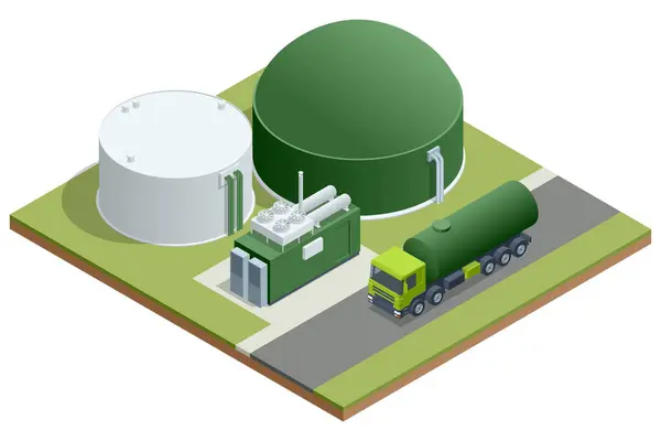 stock vector Isometric Modern biogas plant Biogas is an environmentally friendly, cleanand cheap combustible gas produced from livestock manure and agricultural waste by microorganisms in an anaerobic environment.