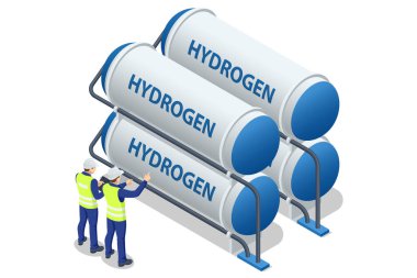 Isometric Hidrojen Enerjisi. Hidrojen, yakıt hücresinde tüketildiğinde sadece su üreten temiz bir yakıtdır. Hidrojen yakıt hücresi. H2 elektroliz santrali. Yeşil hidrojen fabrikası