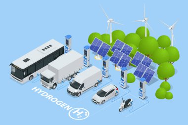 Isometric Hidrojen Yakıt Otomobili şarj istasyonu ve H2 araçları için iki dağıtıcı. Hidrojen motorlu taşıma. Yeşil enerji