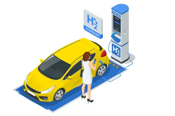 stock vector Isometric Hydrogen fuel car charging station with two dispensers for H2 vehicles. Hydrogen powered transportation. Green energy