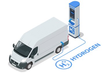 Isometric Hidrojen Enerji Arabası. Alternatif enerji, sıfır, emisyon. Hidrojen motorlu taşıma. Yeşil enerji.