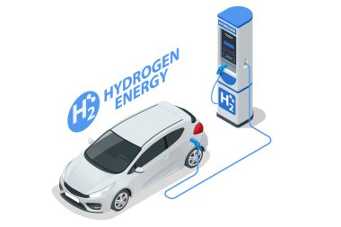 Isometric Hidrojen Enerji Arabası. Alternatif enerji, sıfır, emisyon. Hidrojen motorlu taşıma. Yeşil enerji.