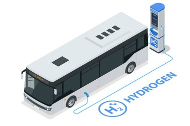 Isometric Hidrojen Enerji Otobüsü. Alternatif enerji, sıfır, emisyon. Hidrojen motorlu taşıma. Yeşil enerji.