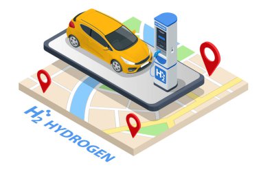 Isometric Hidrojen Yakıt Otomobili şarj istasyonu ve H2 araçları için iki dağıtıcı. Hidrojen motorlu taşıma. Yeşil enerji