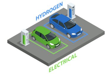 Isometric Hidrojen yakıt nakli. Hidrojen yakıtlı araç şarj istasyonu ve H2 araçları için dağıtıcılar. Yeşil enerji