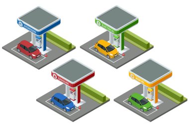 Isometric Hydrogen fuel powered transport. Hydrogen, Electrical, Gasoline and Biofuel Stations. Alternative Fuels. Eco friendly fuel for petrol station clipart