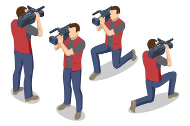 Isometric Kameraman. Video kamera operatörü. Teknoloji kavramı, modern, eğlence. Mikrofonlu video kamera..