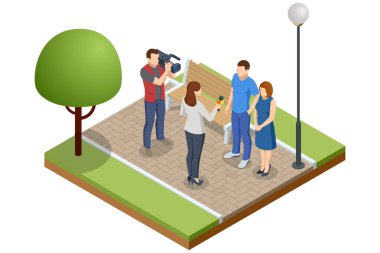 Isometric TV haber programı sunucusu röportajı. Gazeteciler, kameramanlar ya da kameramanlar. Gazeteciler bir televizyon haberi çekiyor. Açık hava basın toplantısı