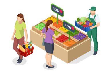 İnternetten sebze ve meyve satışı. Isometric Farmer taze patates ve sebze satıyor. Doğal taze ürünler. Satıcılar ve pazarlama konsepti. Çiftçi pazarı