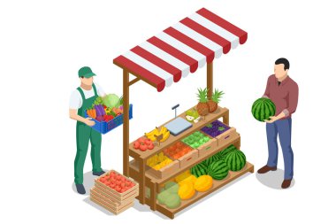 İnternetten sebze ve meyve satışı. Isometric Farmer taze patates ve sebze satıyor. Doğal taze ürünler. Satıcılar ve pazarlama konsepti. Çiftçi pazarı
