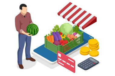 İnternetten sebze ve meyve satışı. Isometric Farmer taze patates ve sebze satıyor. Doğal taze ürünler. Satıcılar ve pazarlama konsepti. Çiftçi pazarı