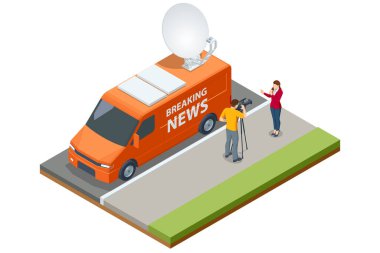 Isometric Broadcast Car with Satellite Dish. Car TV. Television Network. TV Live News Program clipart