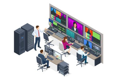 Isometric Profesional video stüdyosu. TV istasyonu, yapımcı, yayın kontrol odası. Prodüksiyon yapımcısı. Televizyon. Video ekipmanları