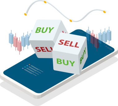 Hisse senedi yatırımlarını satın almak veya satmak için zar kullanın. Tahmin edilemezlik küresel ticaret stratejilerini ve dünya endeksleri ve para birimlerine ilişkin tahminleri harekete geçirir. Isometric konsepti.