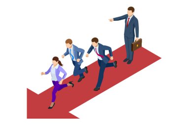 Isometric büyüme odaklı, iş profesyonelleri takım çalışması, analitik, iş ilerlemesi, kariyer ilerlemesi ve promosyon üzerinde durdular. Takım çalışması, analitik, iş, kariyer geliştirme ve tanıtım