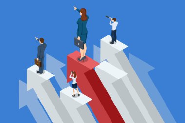 Isometric Creative Business çalışanları, yöneticiler ve çalışanlar hedeflere ve başarıya ulaşma stratejilerini tartışıyor. Takım çalışması, analitik, iş, kariyer geliştirme veya tanıtım.