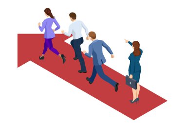 Oklarda yarışan Isometric iş adamları. İş adamları, yöneticiler ve çalışanlar hedefe ulaşma stratejisini tartışıyor