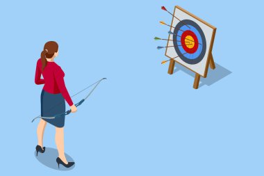 Isome 'lı iş kadını elinde ok tutuyor ve hedefe doğru yürüyor. Takım çalışması kavramı, analitik, iş, kariyer geliştirme, tanıtım