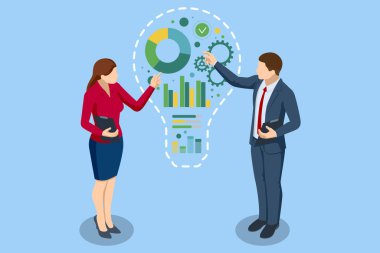 Fikir üretmek, düzenlemek ve soru aramak için Isometric üretici robot. Yapay zeka. Bir kişi ve bir robot laptoplarda iş birliği yapıyor, iş raporlarını gözden geçiriyorlar..