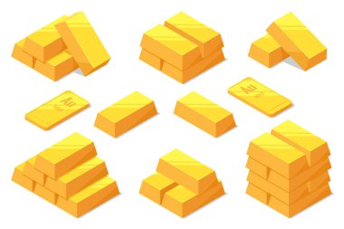 Beyaz arka planda Isometric Golden külçeleri. Bankacılık işi. Değerli metallerin maliyetini arttırın. Altın menkul kıymetler yatırımları. Aurum ETF alınıyor.